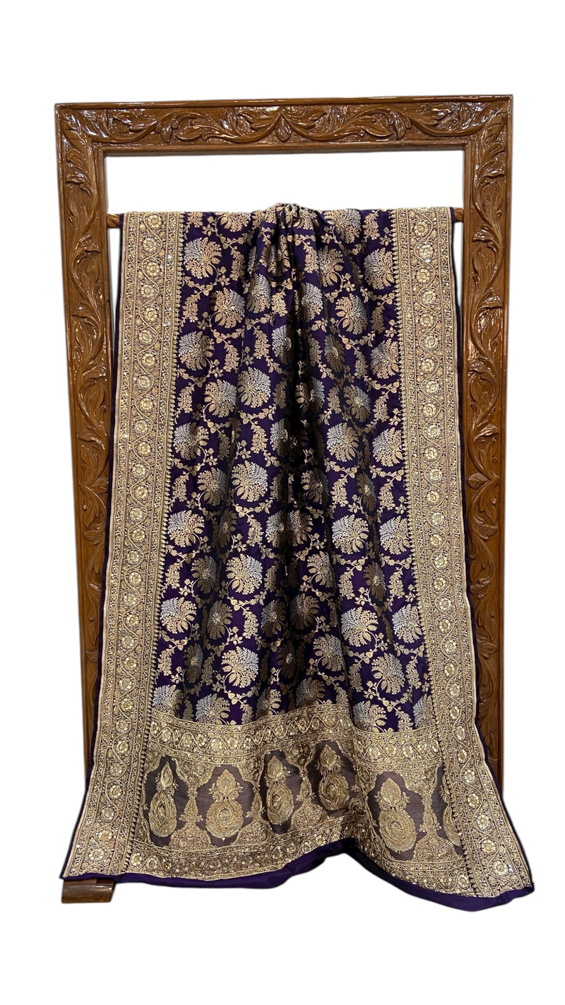 Pure Katan Silk Banarasi Handloom Saree with Zardozi Gota Patti Handwork - The Handlooms