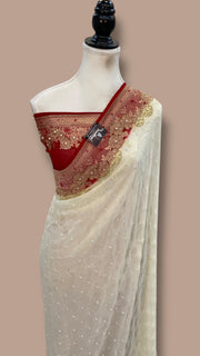 Khaddi Georgette Handloom Banarasi Saree with Handwork: Gota Patti, Zardozi, Diamond Chain, Katdana, and Abla Detailing - The Handlooms