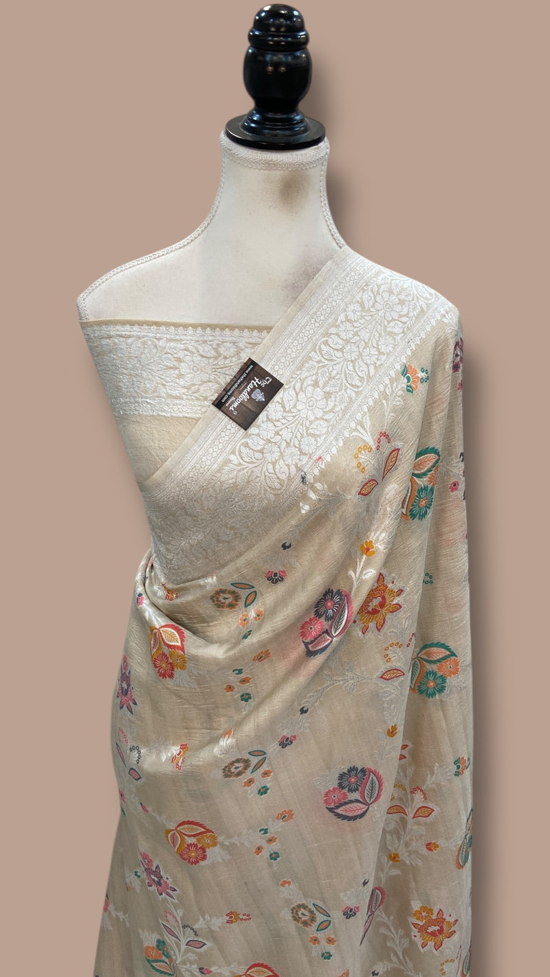 Tussar Georgette Handloom Banarasi Saree - All over Jaal Work with six color meenakari