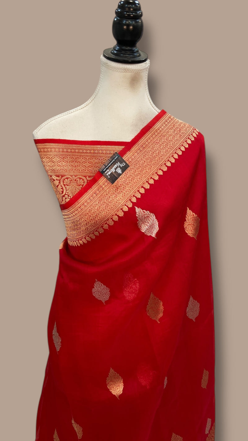 Red Pure Kora Handloom Banarasi Saree - Sona Roopa Alfi Kadua Boota