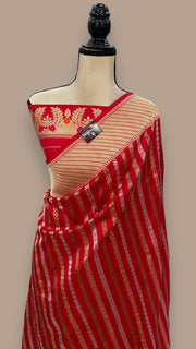 Red Pure Katan Silk Banarasi Handloom Saree - All over soona roopa  Kadua stripe - The Handlooms