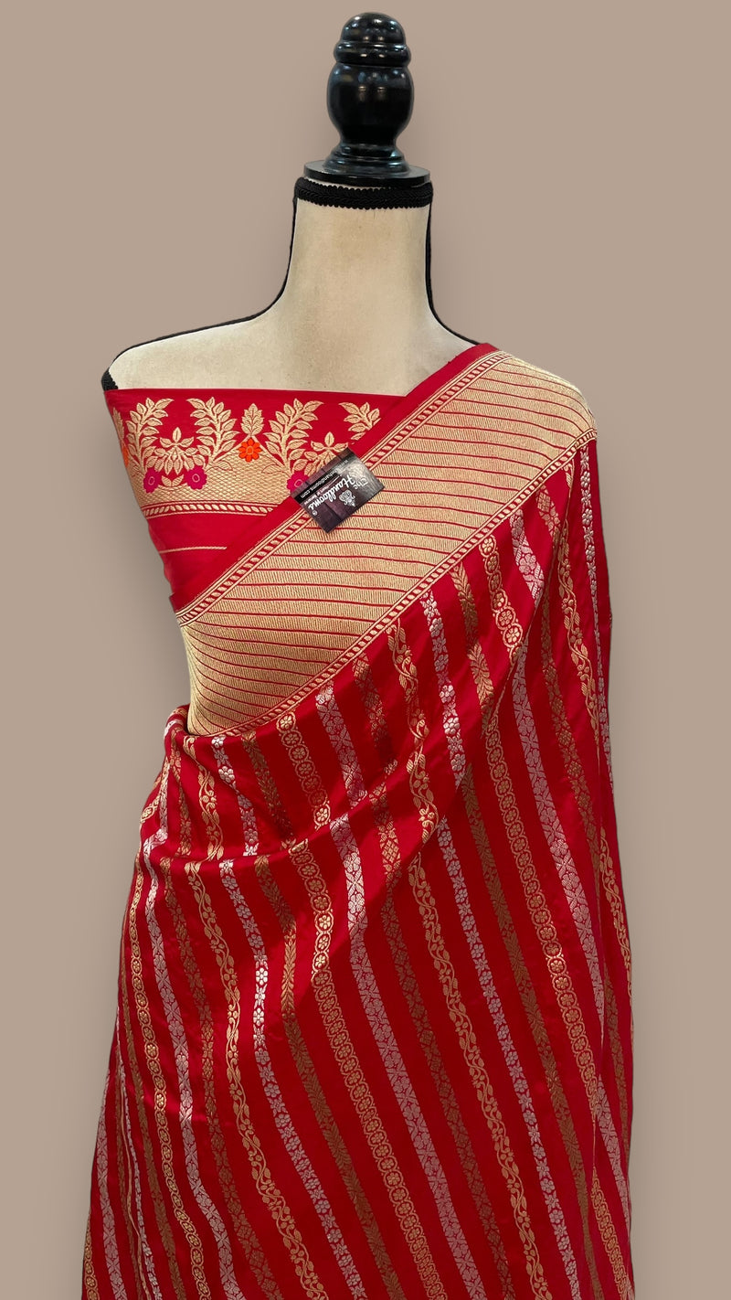Red Pure Katan Silk Banarasi Handloom Saree - All over soona roopa  Kadua stripe - The Handlooms