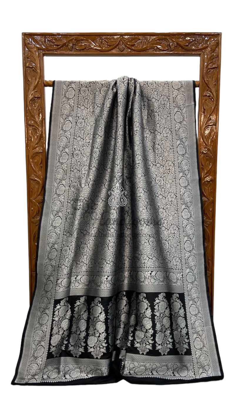 Black Pure Katan Silk Banarasi Handloom Saree - Tanchui Brocade - The Handlooms
