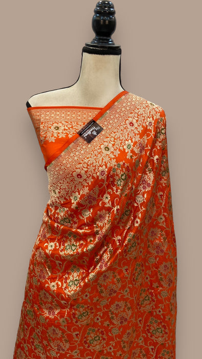 Orange Pure Katan Silk Banarasi Handloom Saree - All over Jaal work - With Meenakari