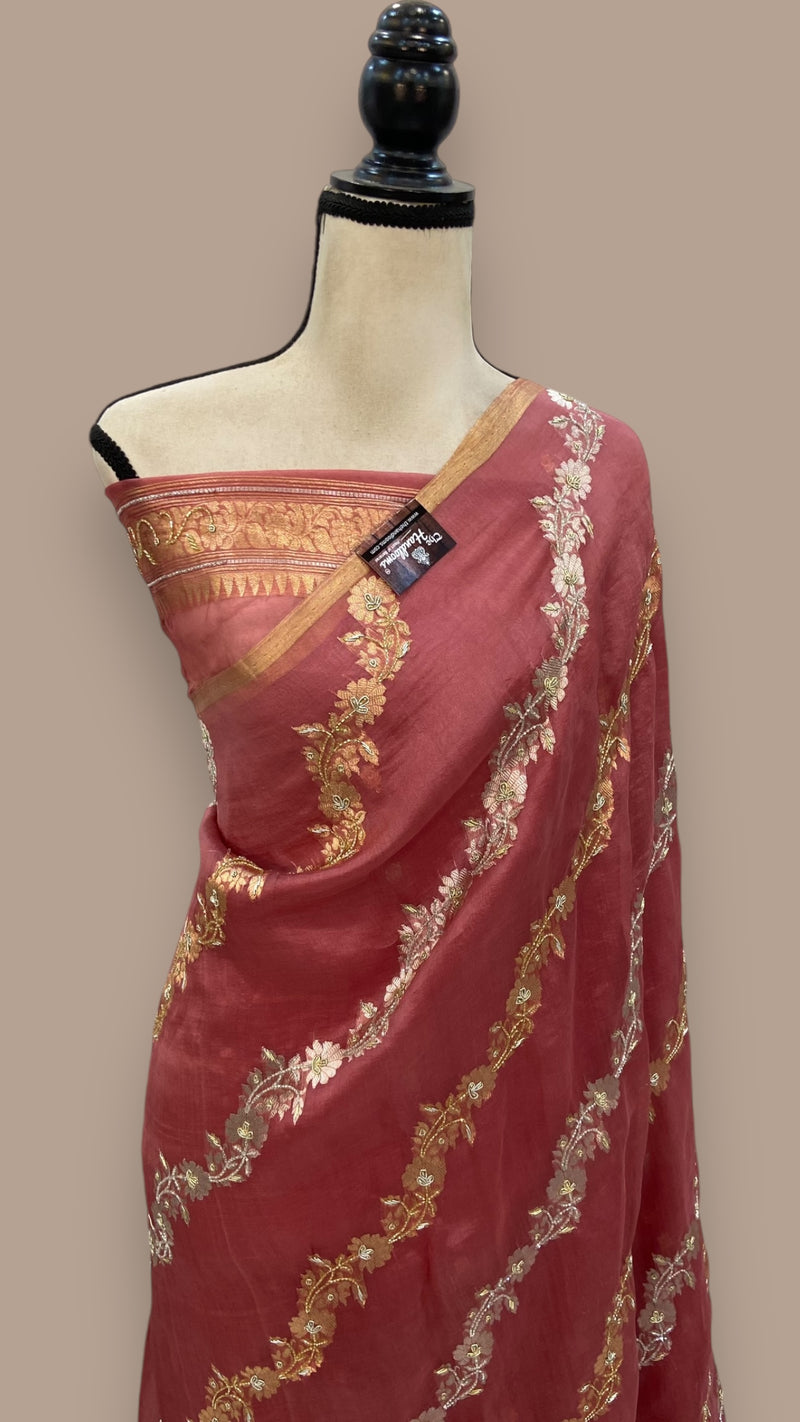 Pure Kora  Handloom Banarasi Saree with zardosi and cut dana Handwork - The Handlooms