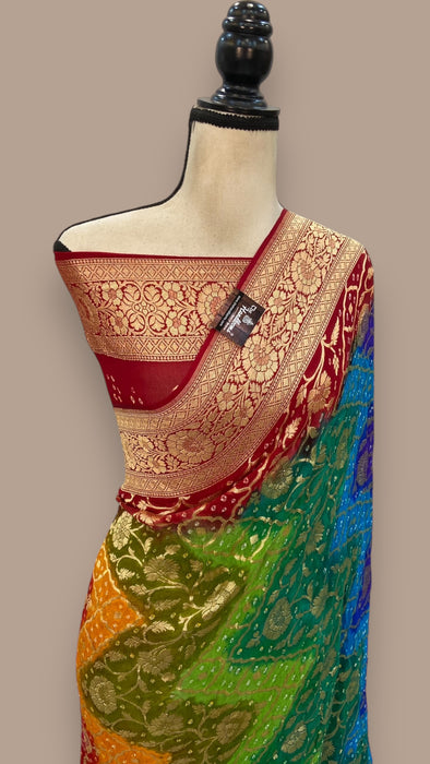 Pure Georgette Banarasi Bandhej Handloom Saree Multi shade