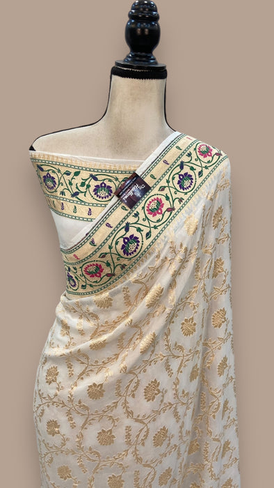 Pure Georgette Banarasi Handloom Saree - with meenakari work Gold Zari