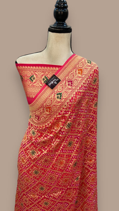 Pure Georgette Banarasi Bandhej Handloom Saree - with meenakari work