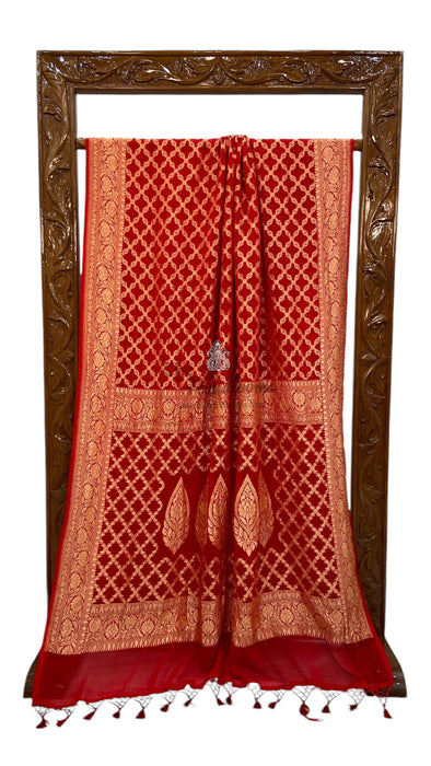 Red Khaddi Georgette Banarasi Saree -  Gold zari