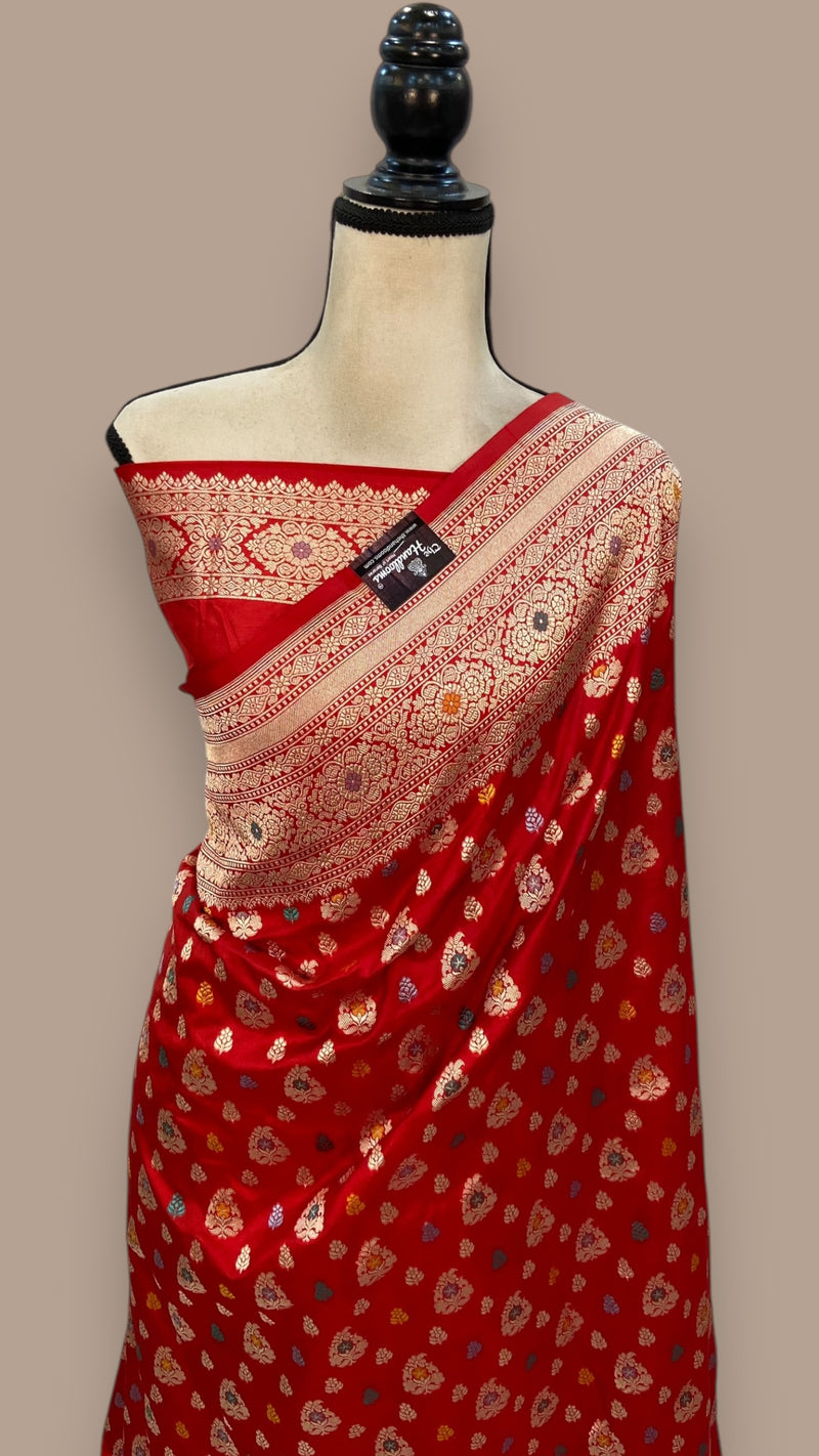 Red Pure Katan Silk Banarasi Handloom Saree - All over meenakari motifs - The Handlooms