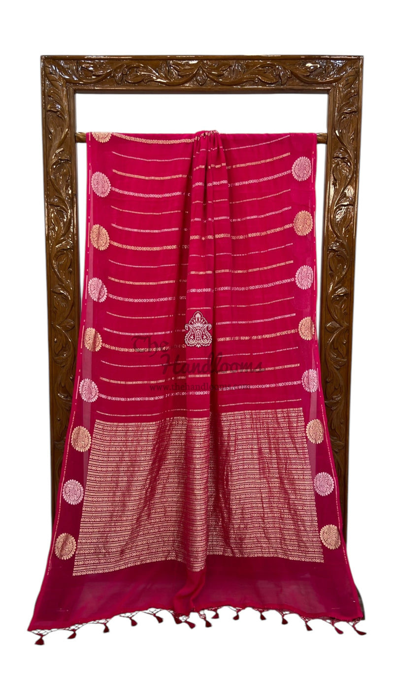 Hot Pink Pure Khaddi Georgette Handloom Banarasi Saree - All over sona roopa stripes - The Handlooms