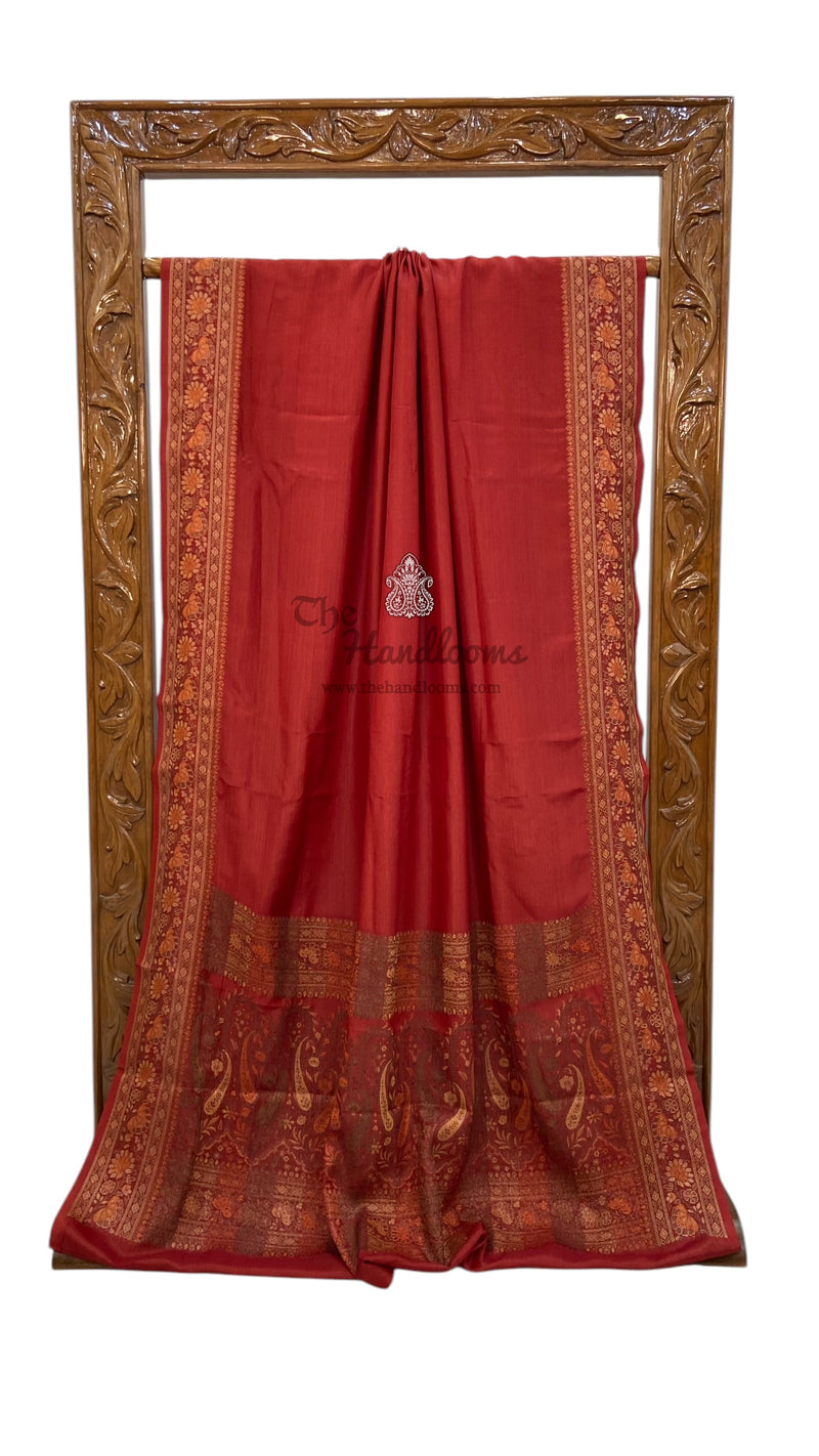 Red Pure Butter Crepe Banarasi Saree - The Handlooms
