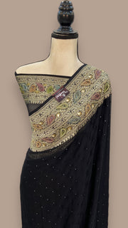 Black Khaddi Georgette Handloom Banarasi Saree with Handwork: Gota Patti, Zardozi, Diamond Chain, Katdana, and Abla Detailing - The Handlooms