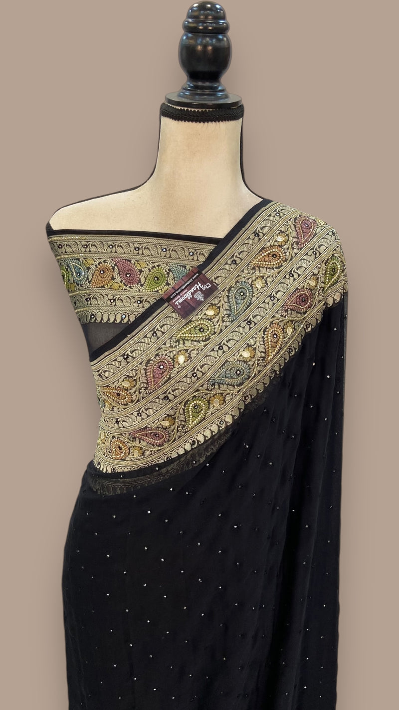 Black Khaddi Georgette Handloom Banarasi Saree with Handwork: Gota Patti, Zardozi, Diamond Chain, Katdana, and Abla Detailing - The Handlooms