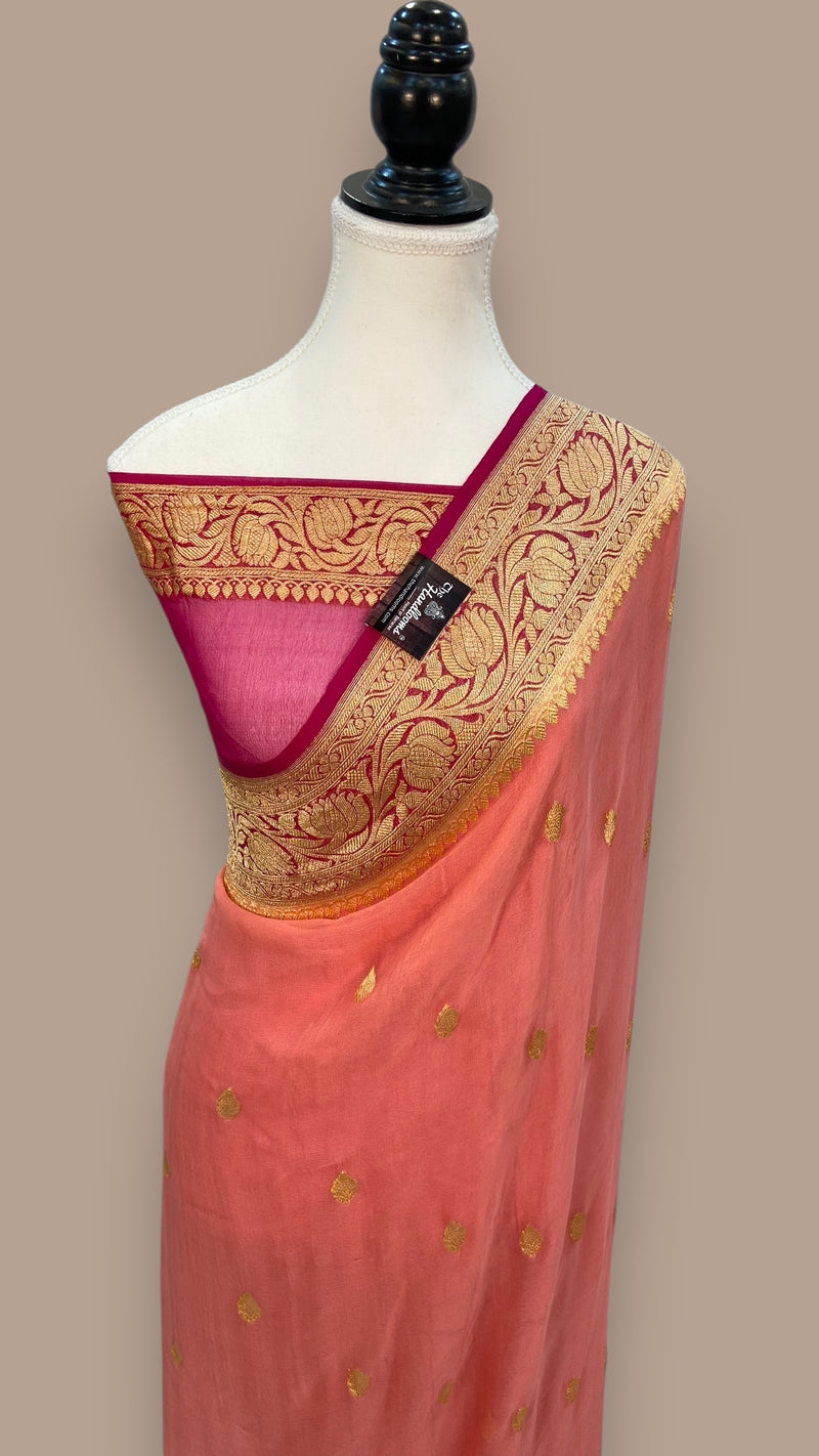 Peach Pure Georgette Handloom Banarasi Saree - The Handlooms