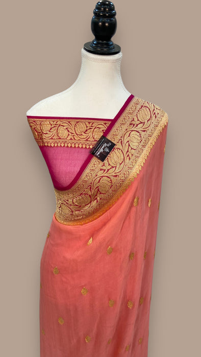 Peach Pure Georgette Handloom Banarasi Saree