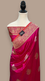 Hot Pink Pure Katan Silk Banarasi Handloom Saree - All over Sona Roopa Kadua motifs - The Handlooms