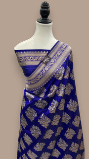 Blue Pure Katan Silk Banarasi Handloom Saree - All over Sona Roopa Jaal work - The Handlooms
