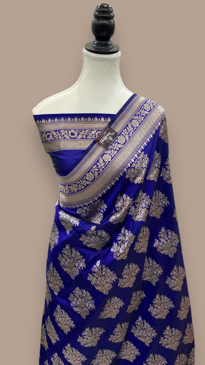 Blue Pure Katan Silk Banarasi Handloom Saree - All over Sona Roopa Jaal work - The Handlooms