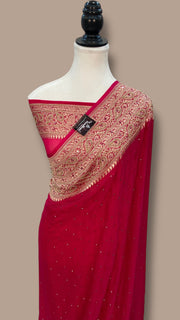 Hot-Pink Khaddi Georgette Handloom Banarasi Saree with Handwork:Katdana, Moti and Abla Detailing - The Handlooms