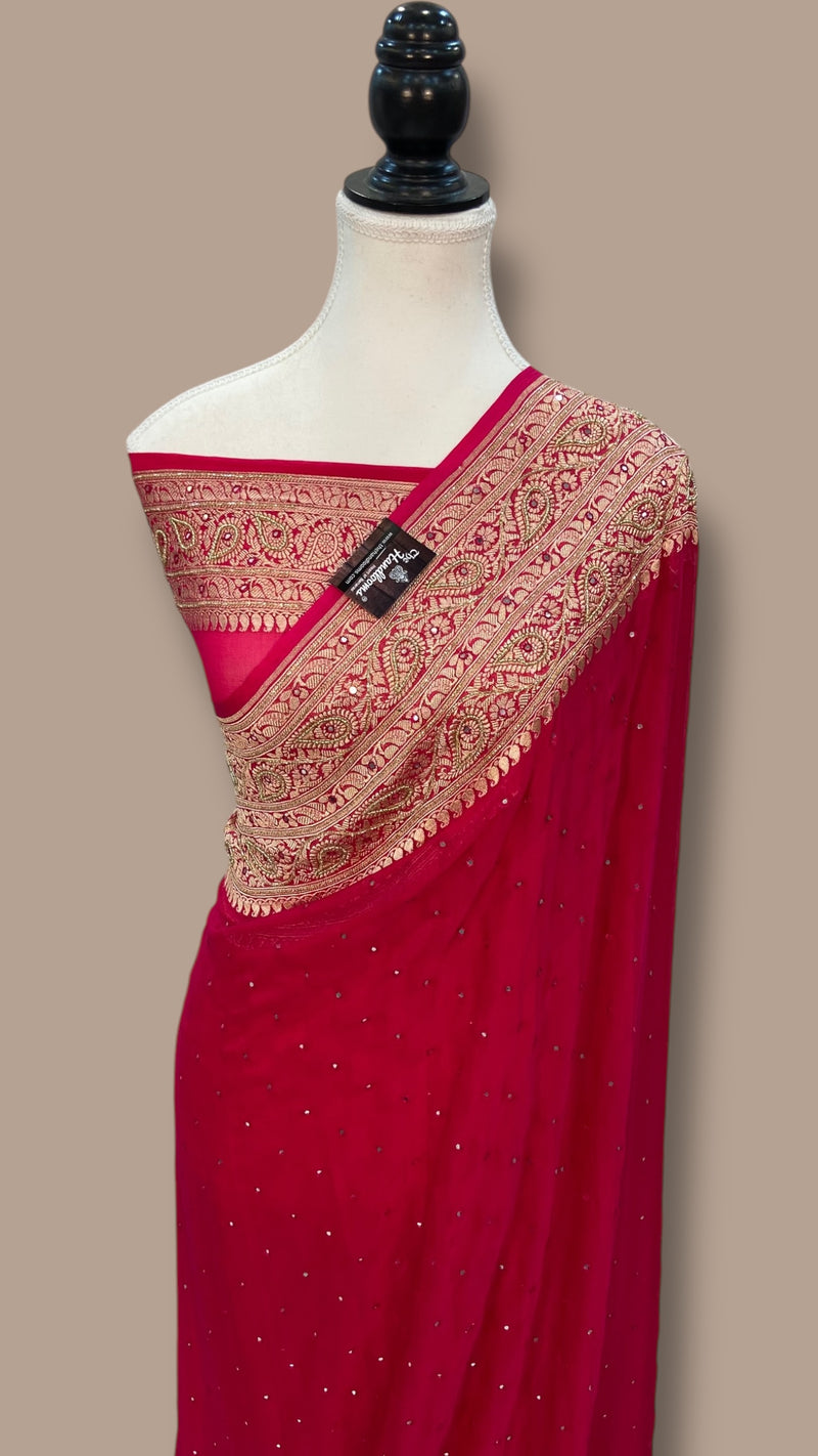 Hot-Pink Khaddi Georgette Handloom Banarasi Saree with Handwork:Katdana, Moti and Abla Detailing - The Handlooms