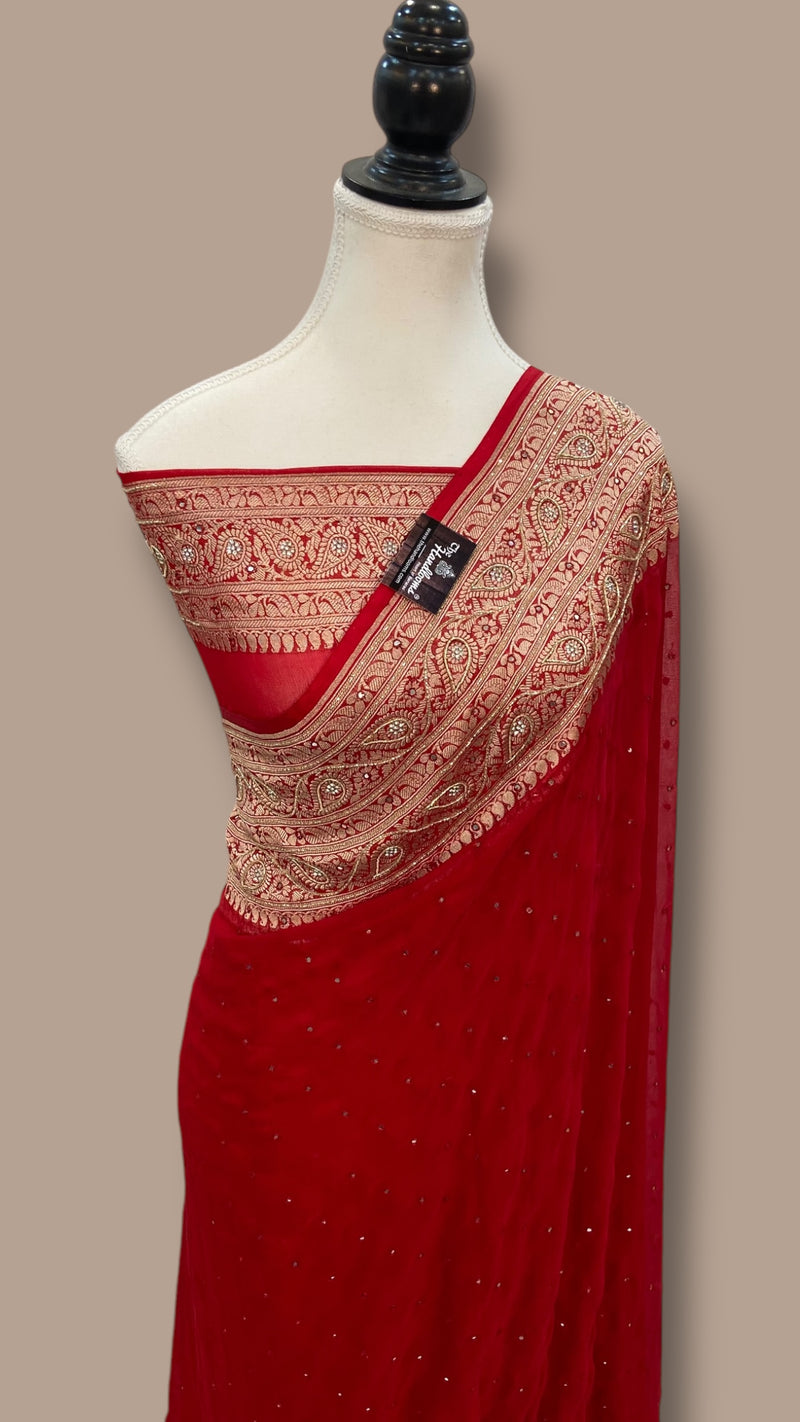Red Khaddi Georgette Handloom Banarasi Saree with Handwork:Zardozi, Diamond Chain, Katdana, and Abla Detailing - The Handlooms