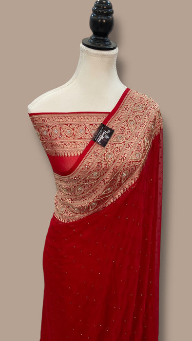 Red Khaddi Georgette Handloom Banarasi Saree with Handwork:Zardozi, Diamond Chain, Katdana, and Abla Detailing