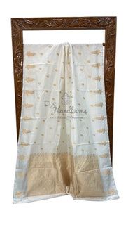 White Pure Katan Silk Banarasi Handloom Saree - All over Kadua motifs - The Handlooms