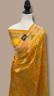 Mustard Pure Katan Silk Banarasi Handloom Saree - All over Jaal Work With Meenakari - The Handlooms