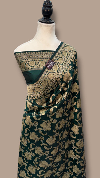 Green Pure Katan Silk Banarasi Handloom Saree - All Over Jaal Work