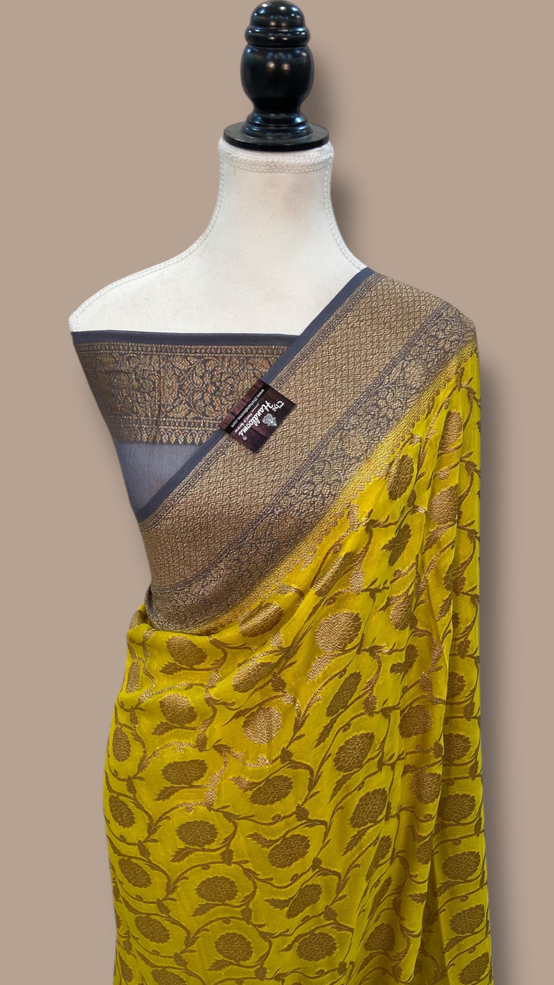 Khaddi Georgette Handloom Banarasi Saree - Antique Zari - The Handlooms