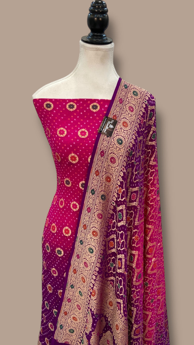 Pure Khaddi Georgette Bandhej Banarasi Dress material With Meenakari - The Handlooms