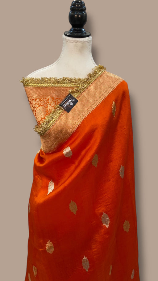 Honey Pure Kora Handloom Banarasi Saree - Sona Roopa Alfi Kadua Boota With Lace work - The Handlooms