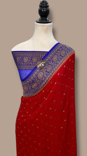 Red with blue Khaddi Georgette Banarasi Saree -  Antique zari - The Handlooms