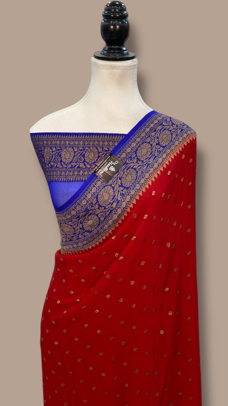 Red with blue Khaddi Georgette Banarasi Saree -  Antique zari - The Handlooms