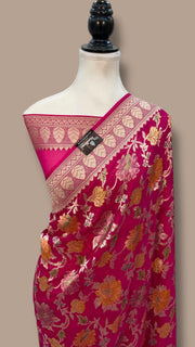 Hot Pink Pure Khaddi Georgette Handloom Banarasi Saree - The Handlooms