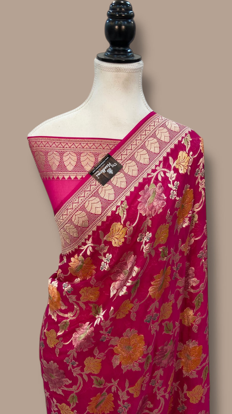 Hot Pink Pure Khaddi Georgette Handloom Banarasi Saree - The Handlooms