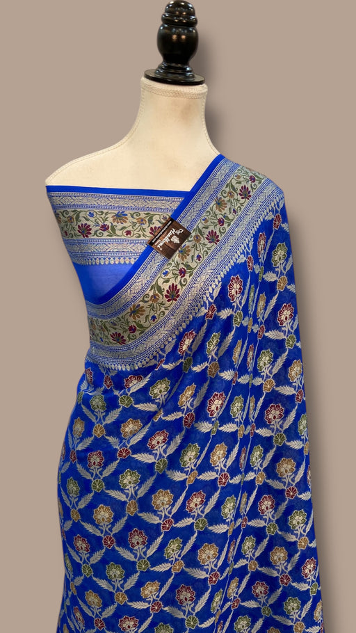 Blue Pure Chiffon Khaddi Banarasi Saree - The Handlooms