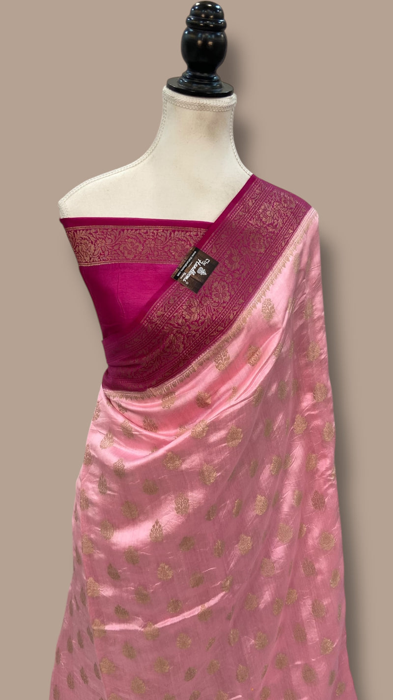 Baby Pink Pure Dupion Silk Banarasi Saree - The Handlooms