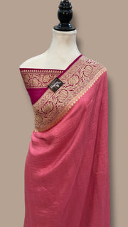 Strawberry Pink Tussar Georgette Handloom Banarasi Saree - The Handlooms