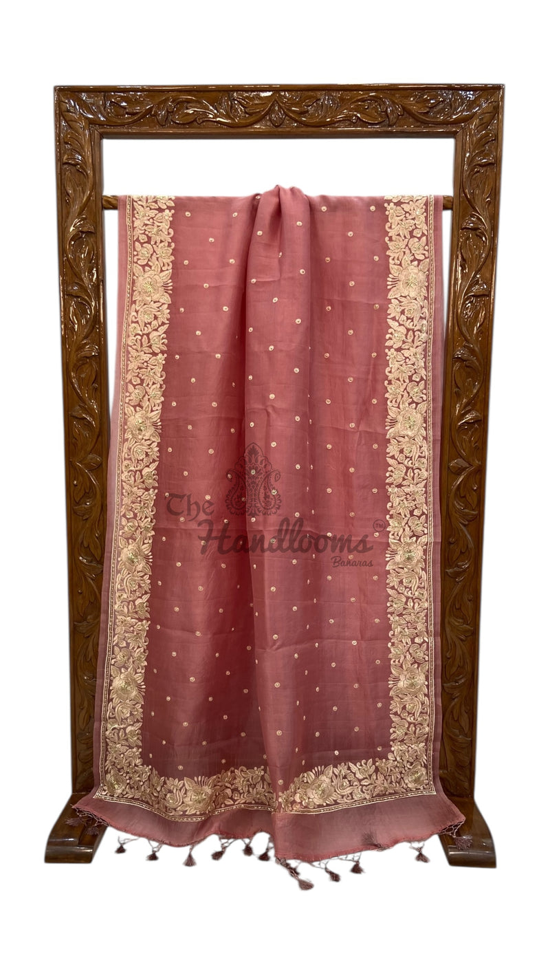 Pure Organza Handloom Banarasi Saree - Chikankari With Handwork - The Handlooms