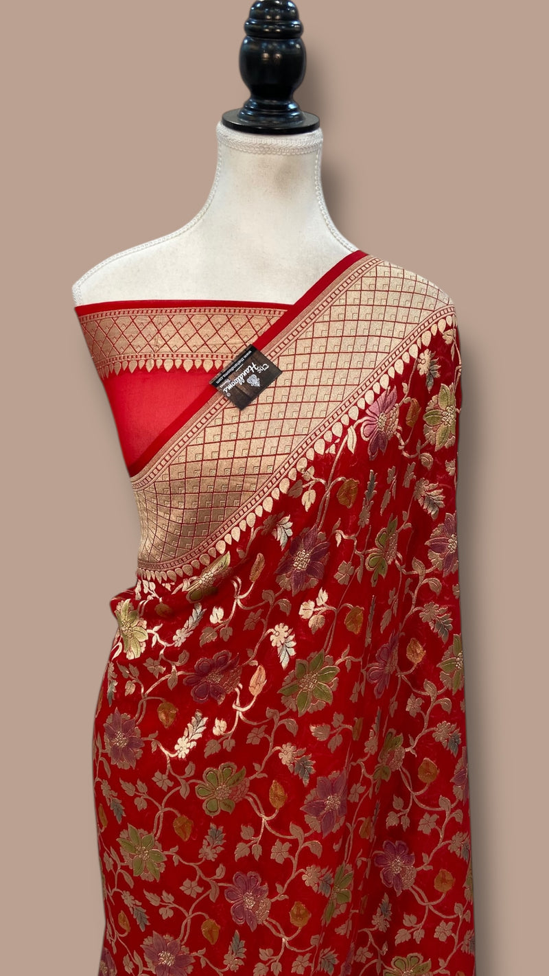 Pure Khaddi Georgette Handloom Banarasi Saree with water zari - The Handlooms