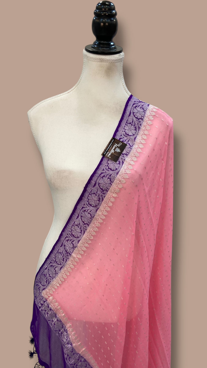 Pure Georgette Dupatta - Soft Pink With Purple silver zari - The Handlooms