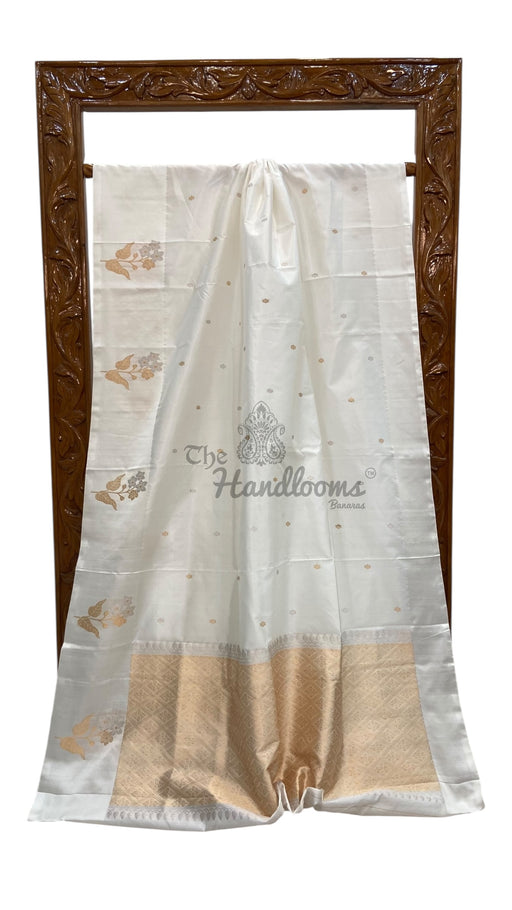 White Pure Katan Silk Banarasi Handloom Saree - All over Kadua motifs - The Handlooms