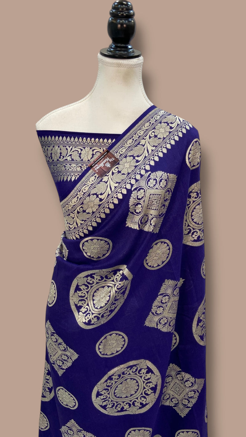 Deep Royal Blue Moonga Georgette Handloom Banarasi Saree - The Handlooms