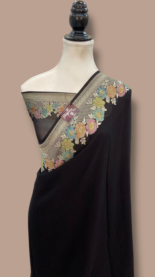 Black Pure Khaddi Georgette Handloom Banarasi Saree with water zari - The Handlooms