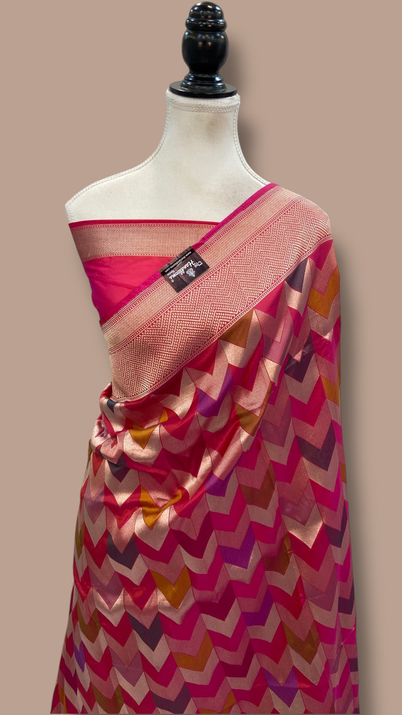 Multicolor Pure Katan Silk Banarasi Handloom Saree - All over Jaal Work With Rangkart - The Handlooms