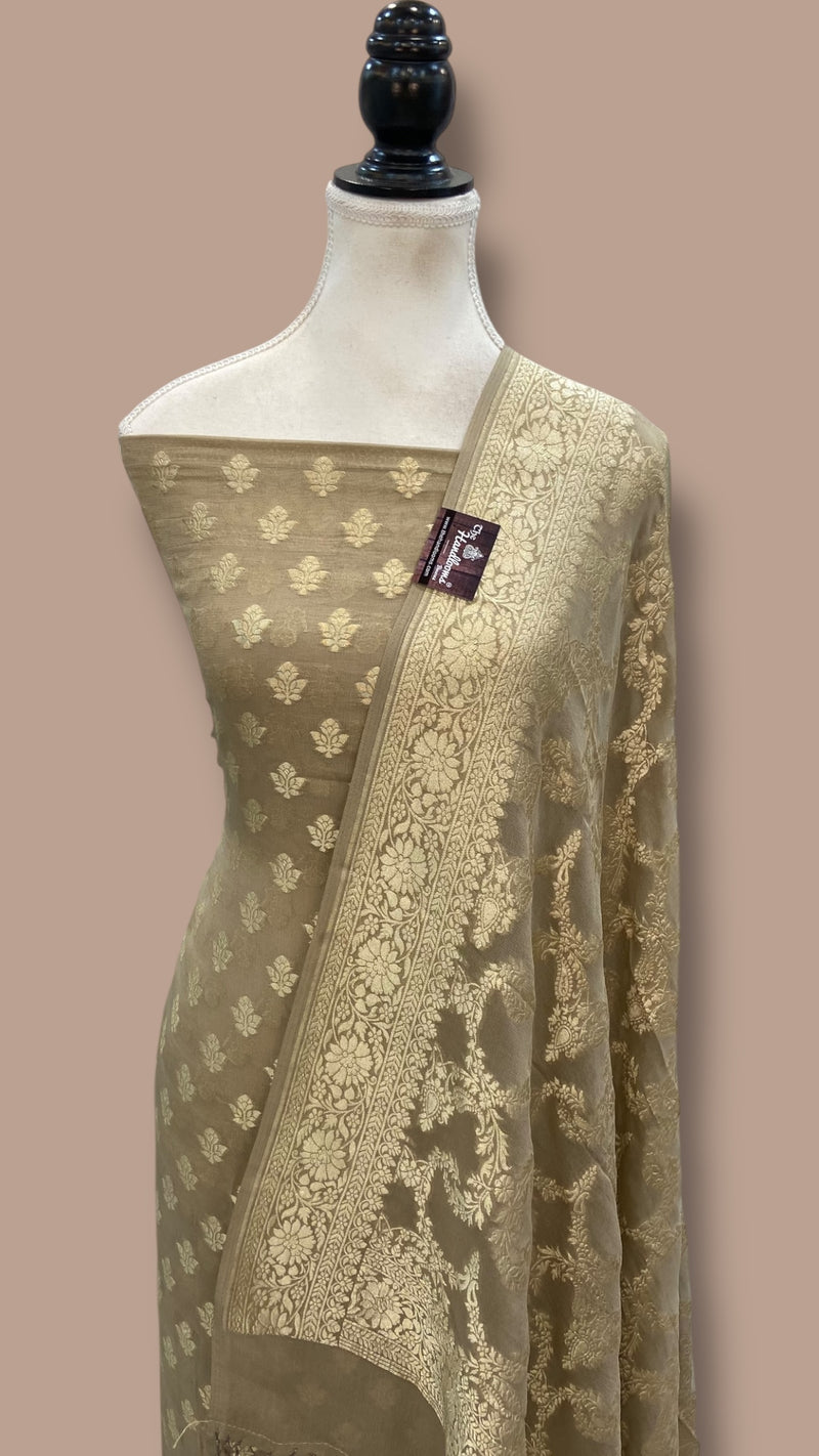 Green Beige Khaddi Georgette Banarasi Dress material Water Zari - The Handlooms