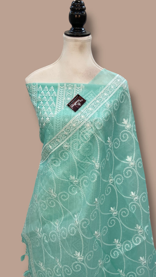 Pure Organza Chikankari Handloom Banarasi Dress Material - The Handlooms