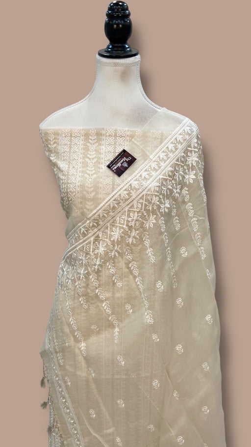 Pure Organza Chikankari Handloom Banarasi Dress Material - The Handlooms